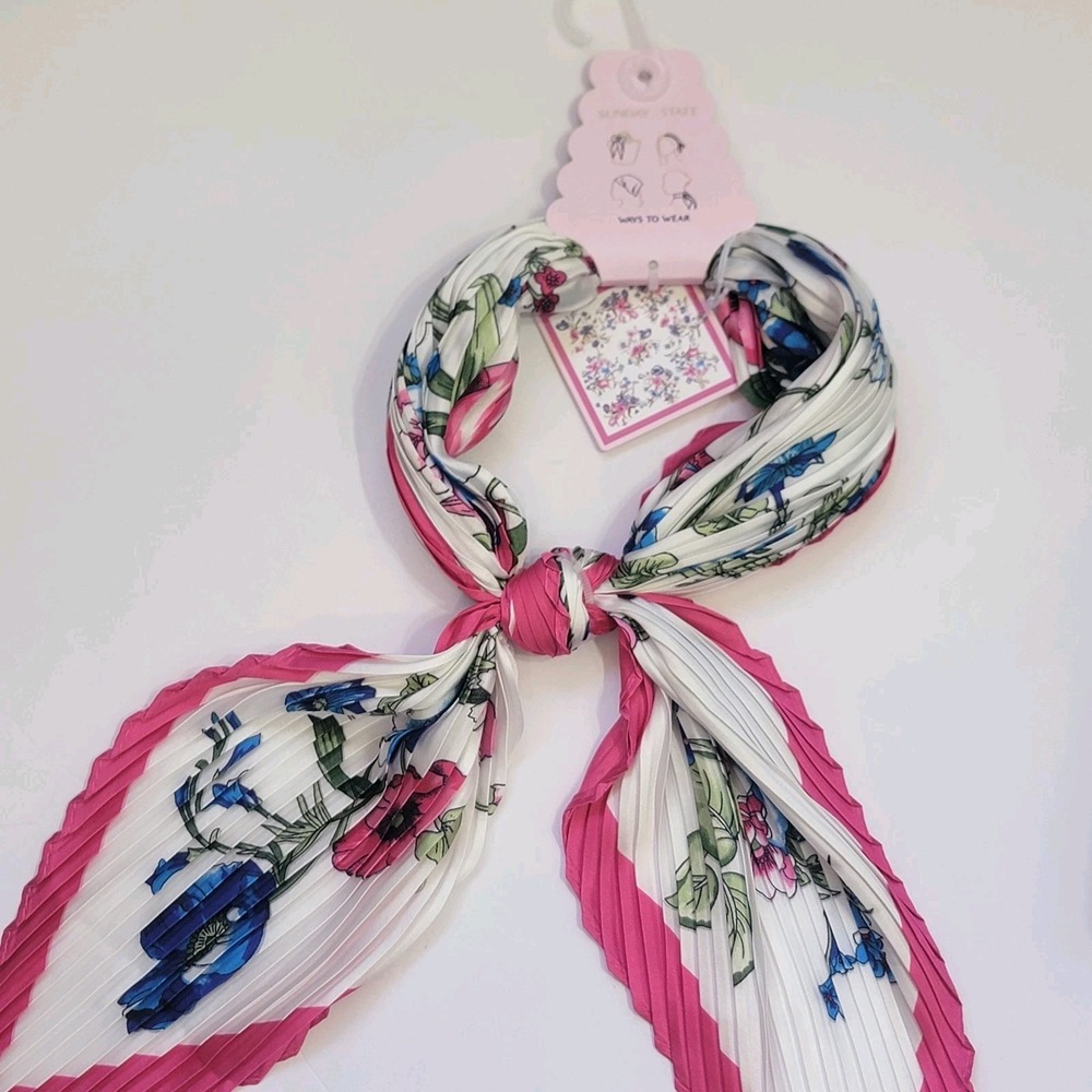 Sunday State Pink Blue Florals Pleated Scarf Multi Use Artsy Colorblock NWT